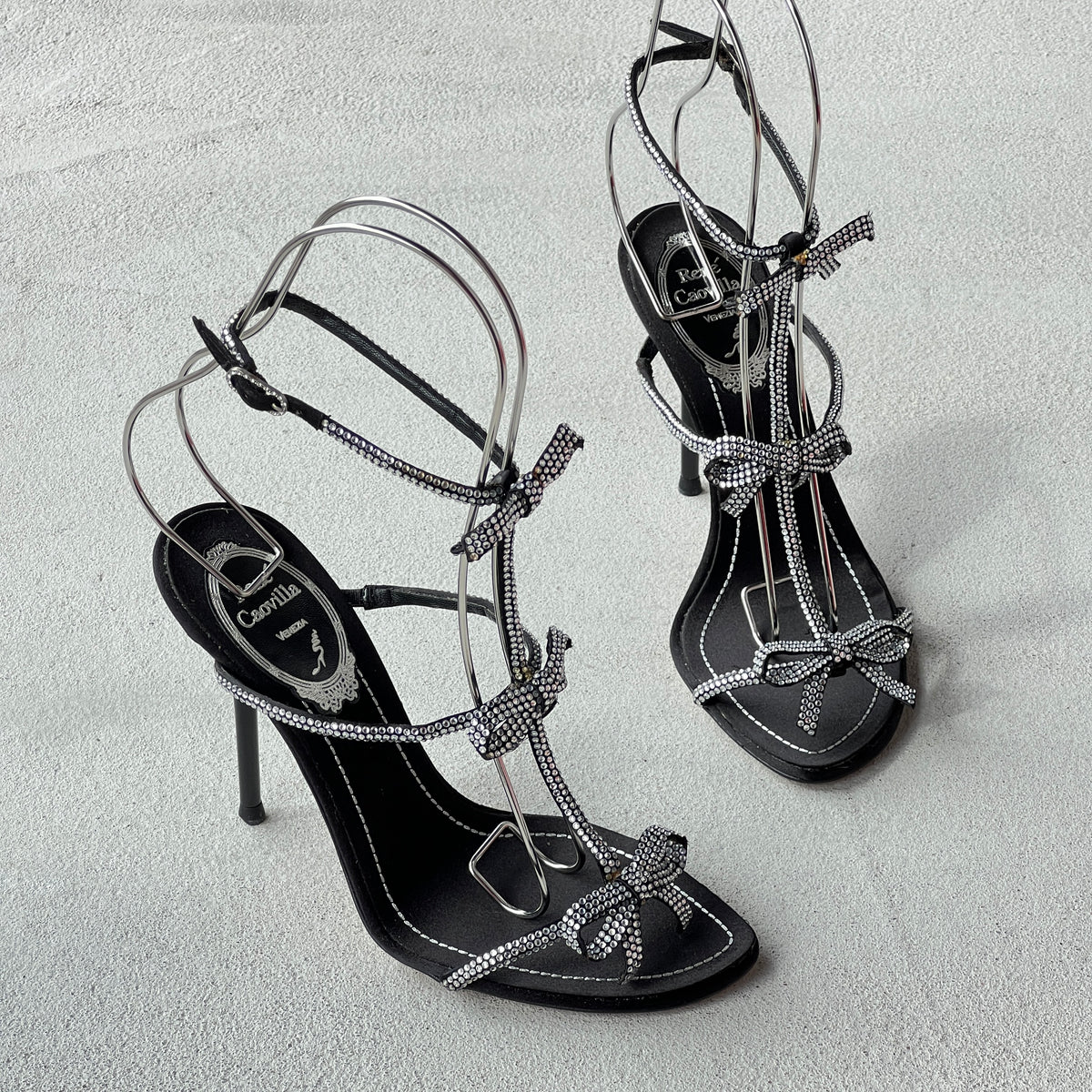 Rene Caovilla | Caterina 105 Black Satin Silver Crystal Bows Sandal Stiletto Heels (35)