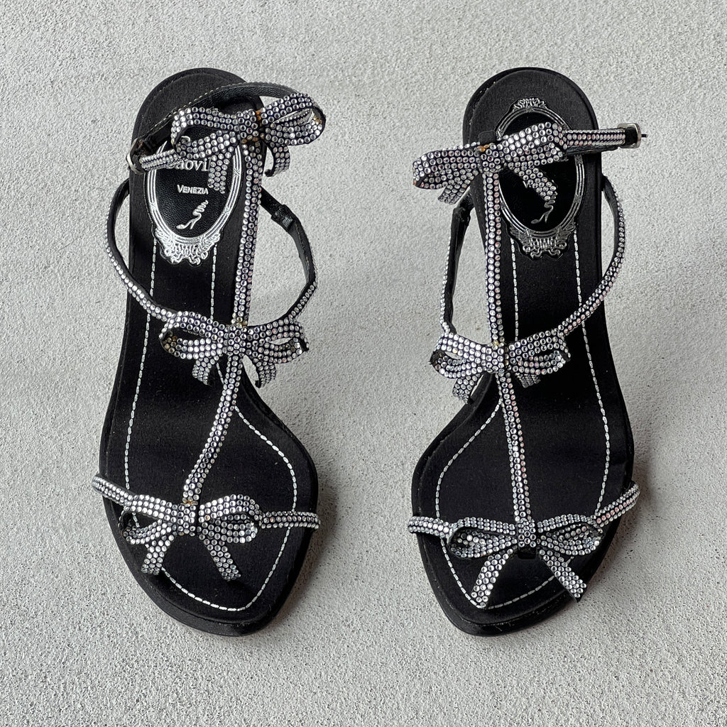 Rene Caovilla | Caterina 105 Black Satin Silver Crystal Bows Sandal Stiletto Heels (35)