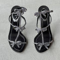 Rene Caovilla | Caterina 105 Black Satin Silver Crystal Bows Sandal Stiletto Heels (35)