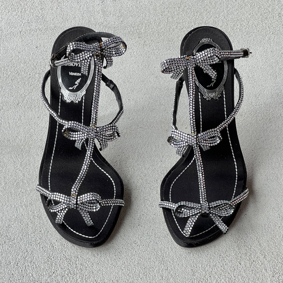 Rene Caovilla | Caterina 105 Black Satin Silver Crystal Bows Sandal Stiletto Heels (35)