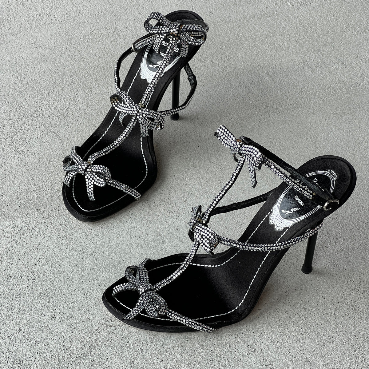 Rene Caovilla | Caterina 105 Black Satin Silver Crystal Bows Sandal Stiletto Heels (35)