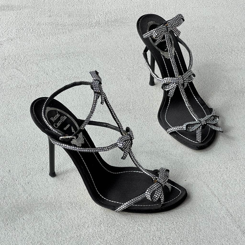 Rene Caovilla | Caterina 105 Black Satin Silver Crystal Bows Sandal Stiletto Heels (35)