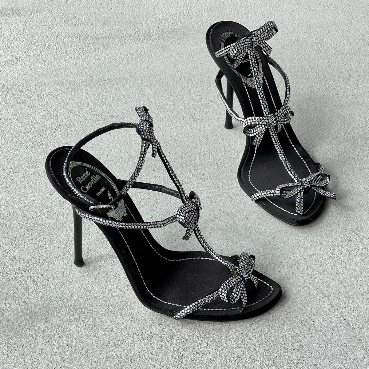 Rene Caovilla | Caterina 105 Black Satin Silver Crystal Bows Sandal Stiletto Heels (35)