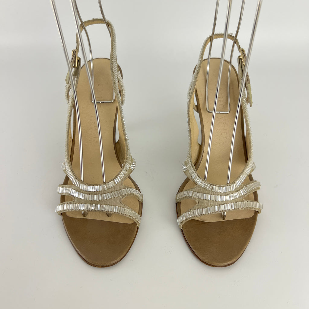Bottega Veneta | Vintage Champagne Beaded Satin Leather Slingback Heels (34.5)