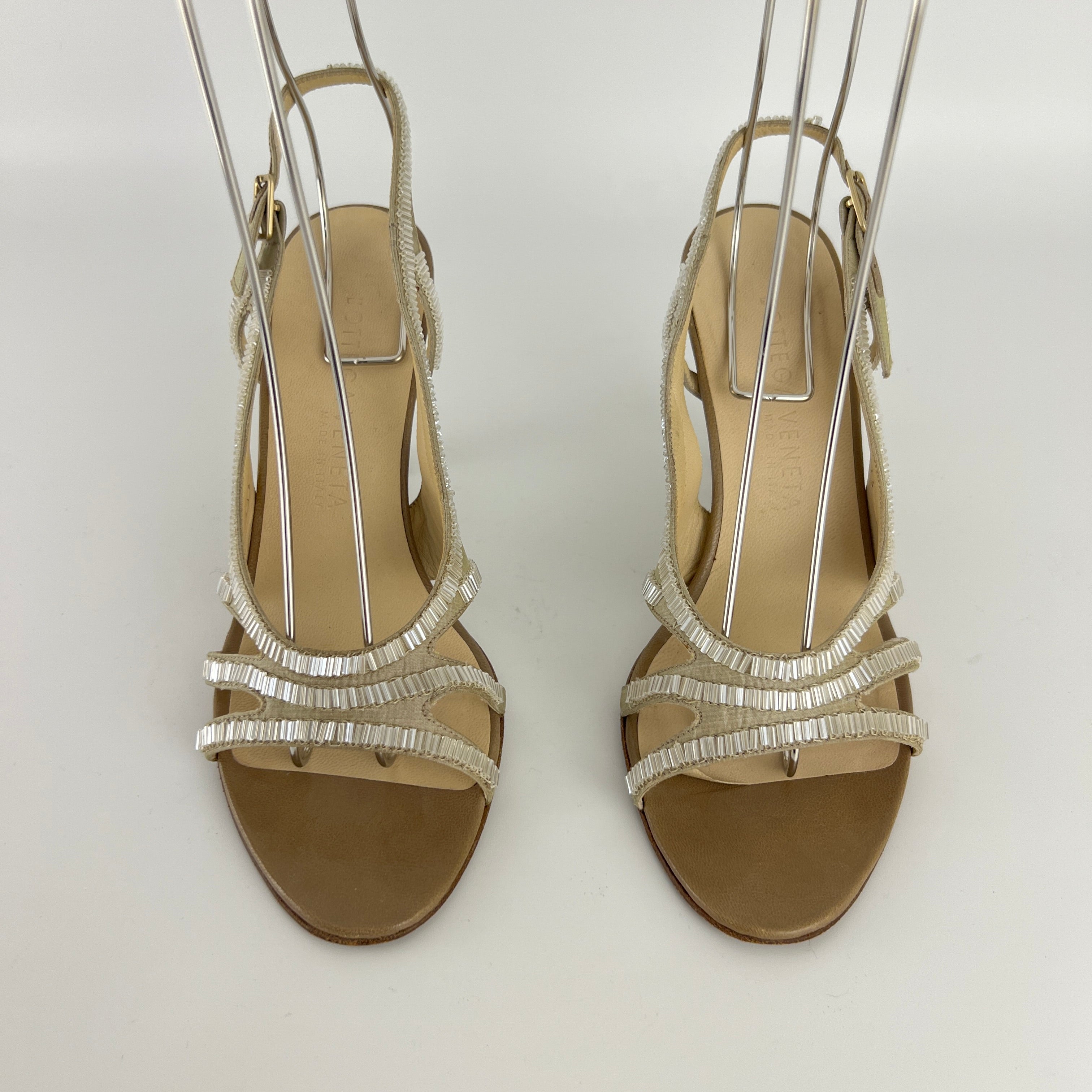Bottega Veneta | Vintage Champagne Beaded Satin Leather Slingback Heels (34.5)