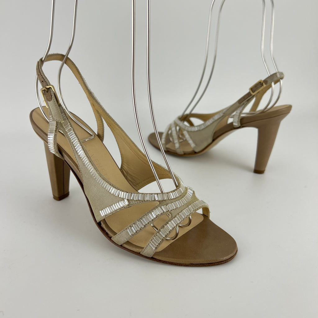 Bottega Veneta | Vintage Champagne Beaded Satin Leather Slingback Heels (34.5)