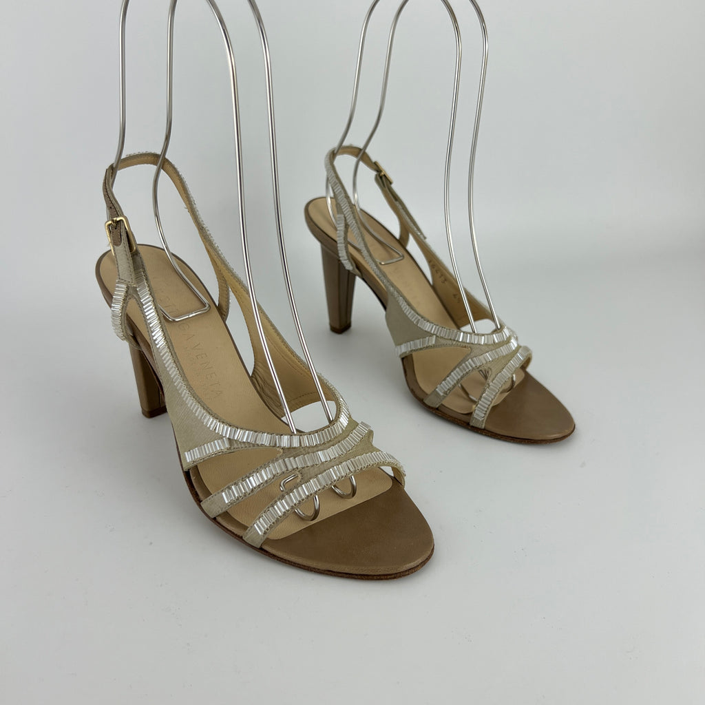 Bottega Veneta | Vintage Champagne Beaded Satin Leather Slingback Heels (34.5)