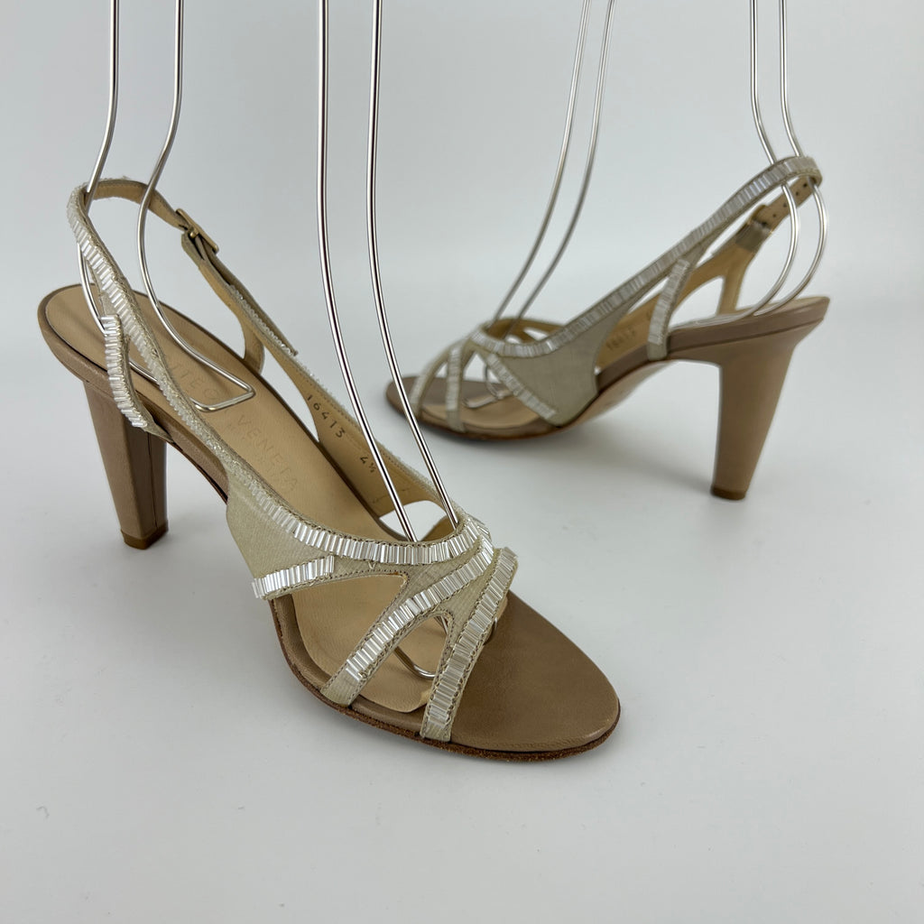 Bottega Veneta | Vintage Champagne Beaded Satin Leather Slingback Heels (34.5)