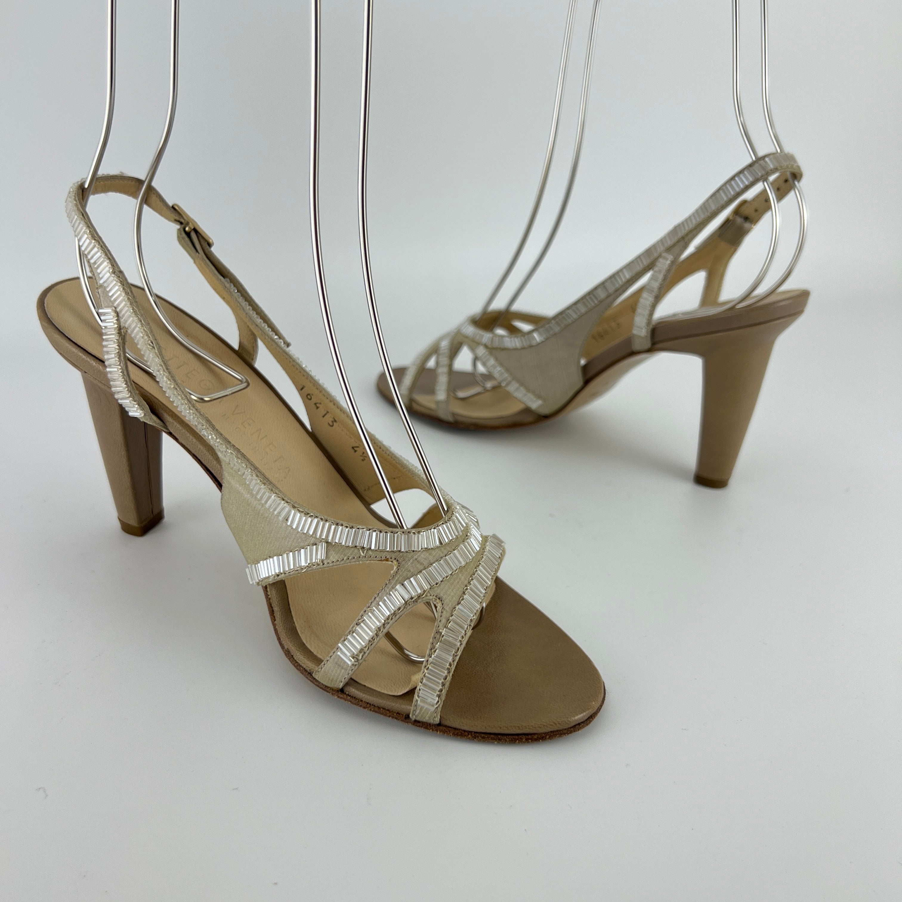 Bottega Veneta | Vintage Champagne Beaded Satin Leather Slingback Heels (34.5)