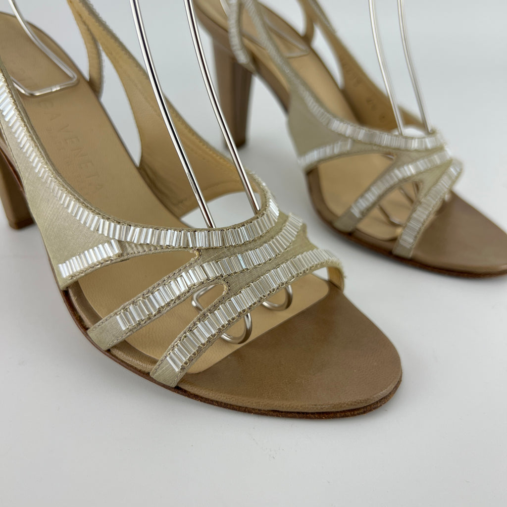 Bottega Veneta | Vintage Champagne Beaded Satin Leather Slingback Heels (34.5)