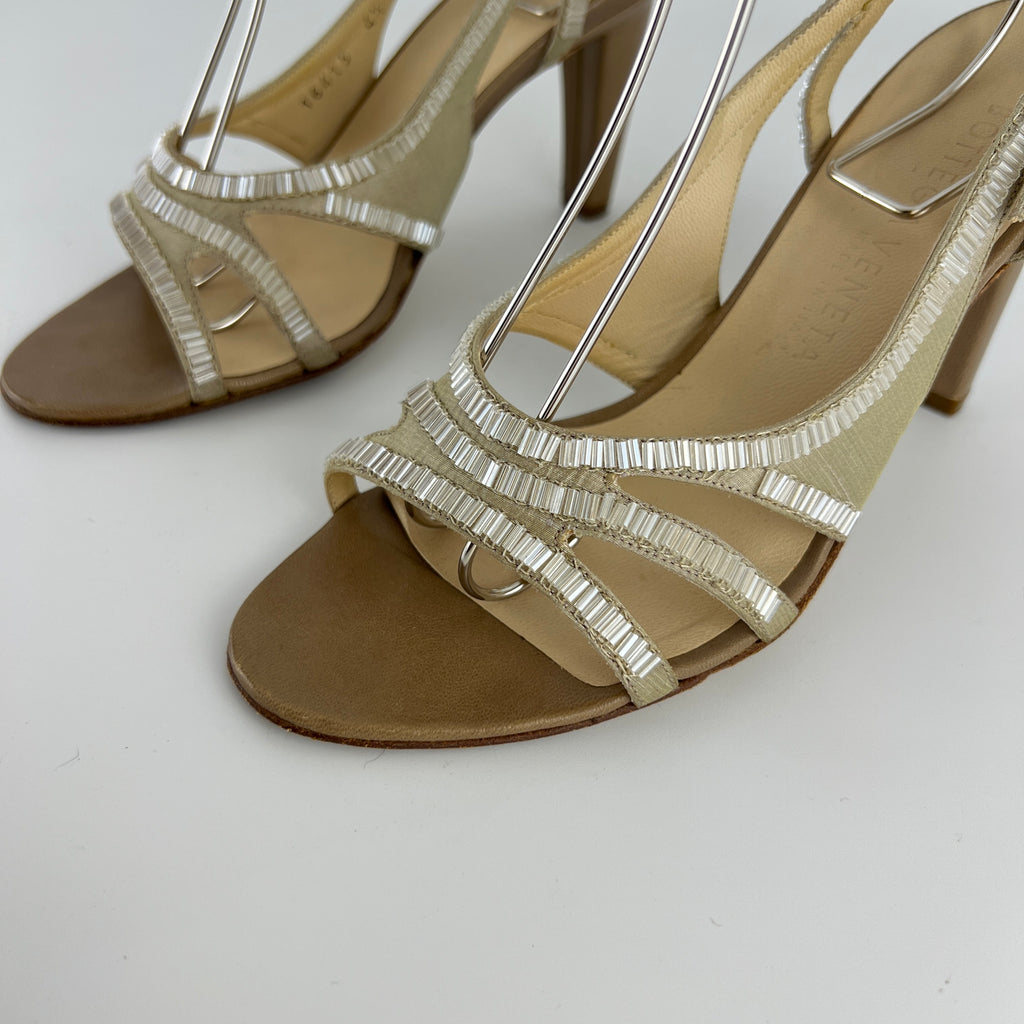 Bottega Veneta | Vintage Champagne Beaded Satin Leather Slingback Heels (34.5)
