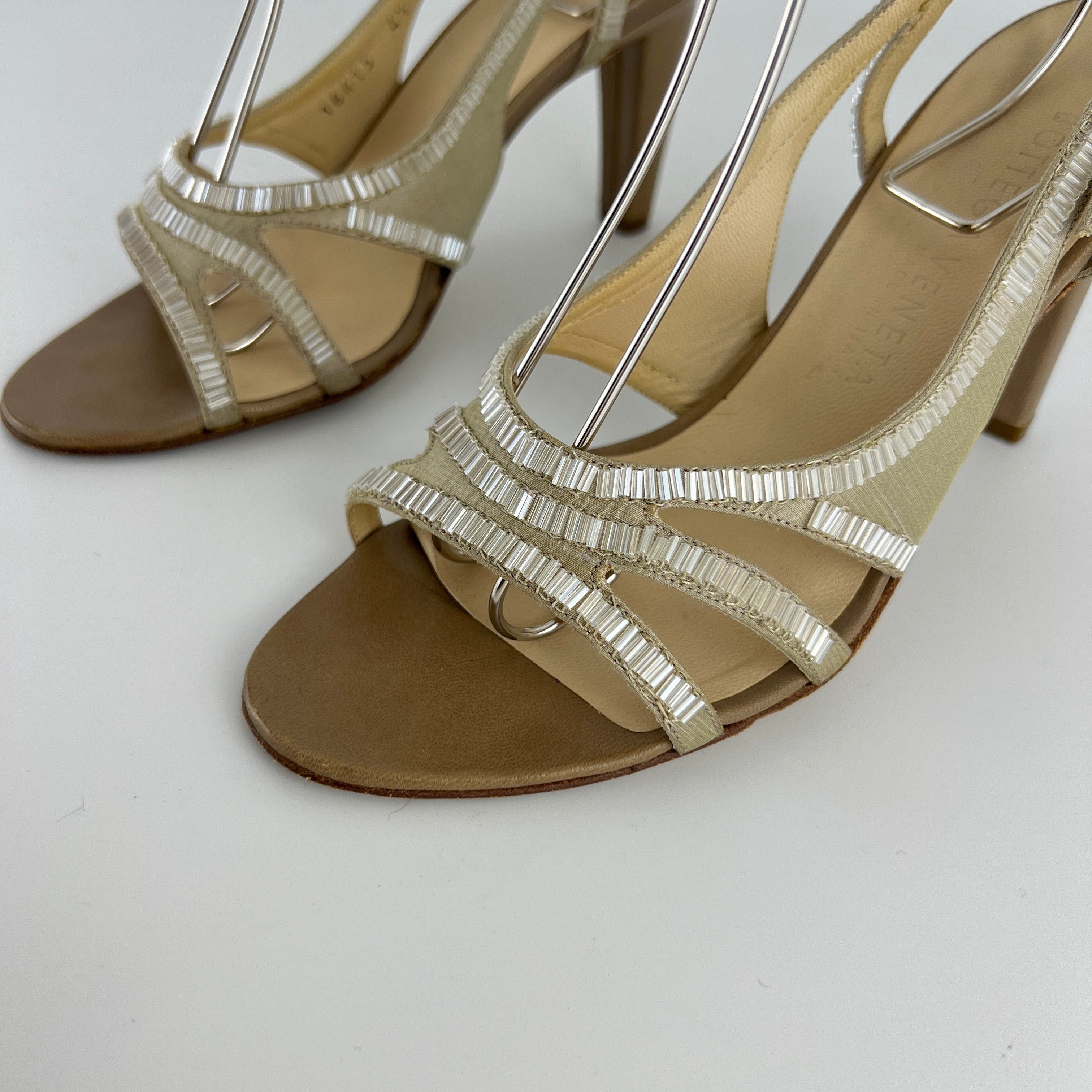 Bottega Veneta | Vintage Champagne Beaded Satin Leather Slingback Heels (34.5)