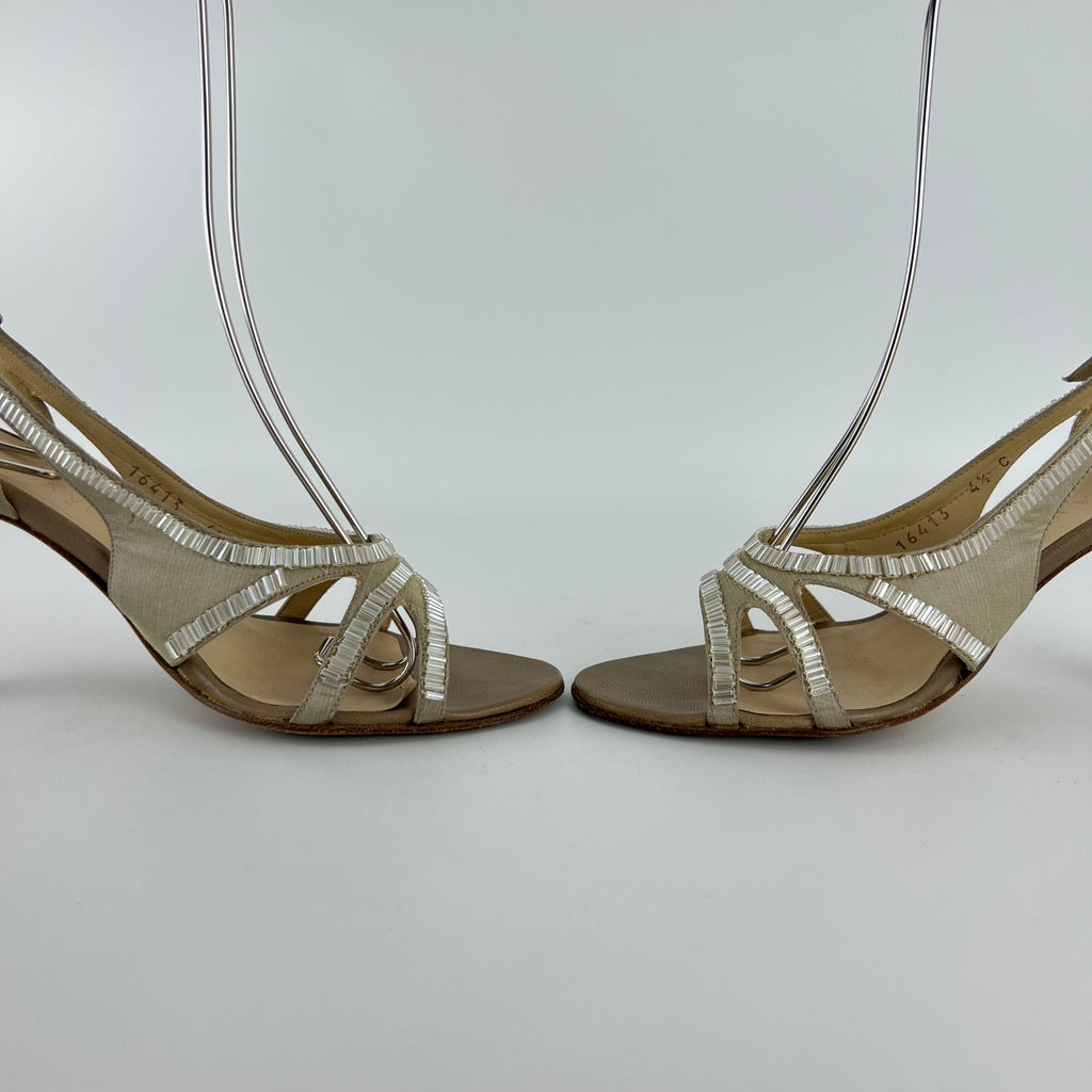 Bottega Veneta | Vintage Champagne Beaded Satin Leather Slingback Heels (34.5)