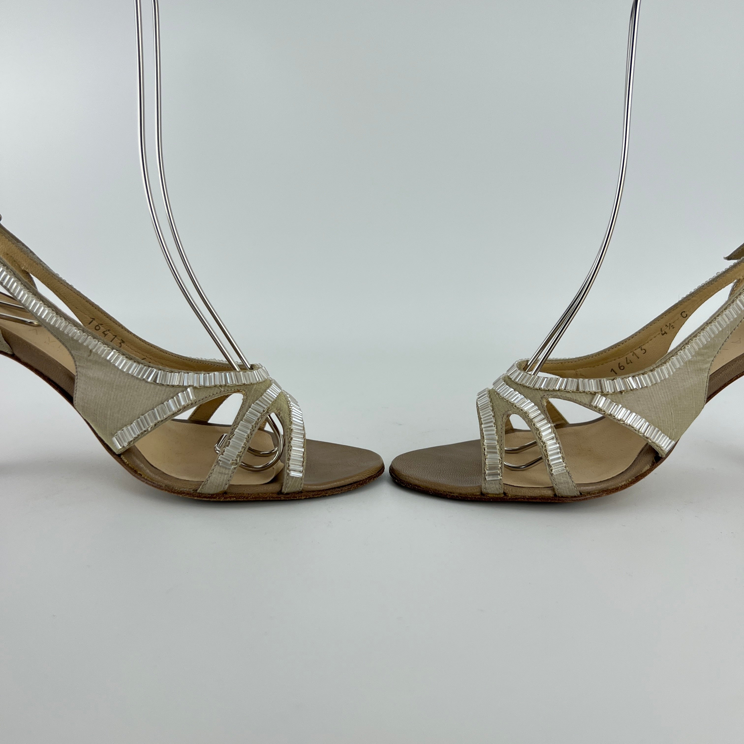 Bottega Veneta | Vintage Champagne Beaded Satin Leather Slingback Heels (34.5)