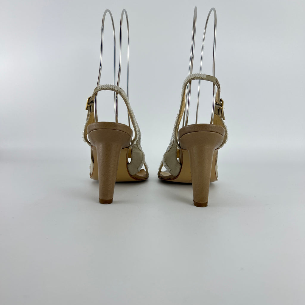 Bottega Veneta | Vintage Champagne Beaded Satin Leather Slingback Heels (34.5)