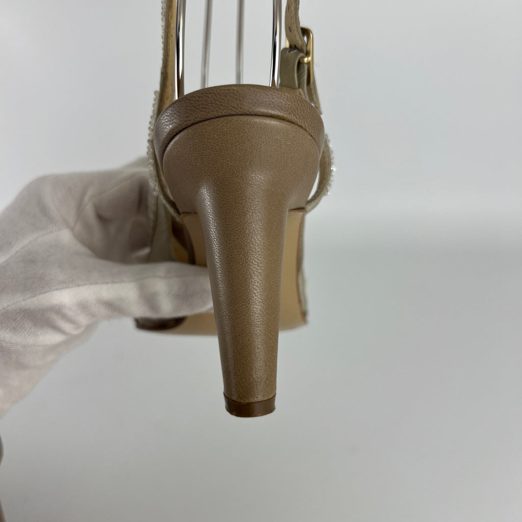 Bottega Veneta | Vintage Champagne Beaded Satin Leather Slingback Heels (34.5)