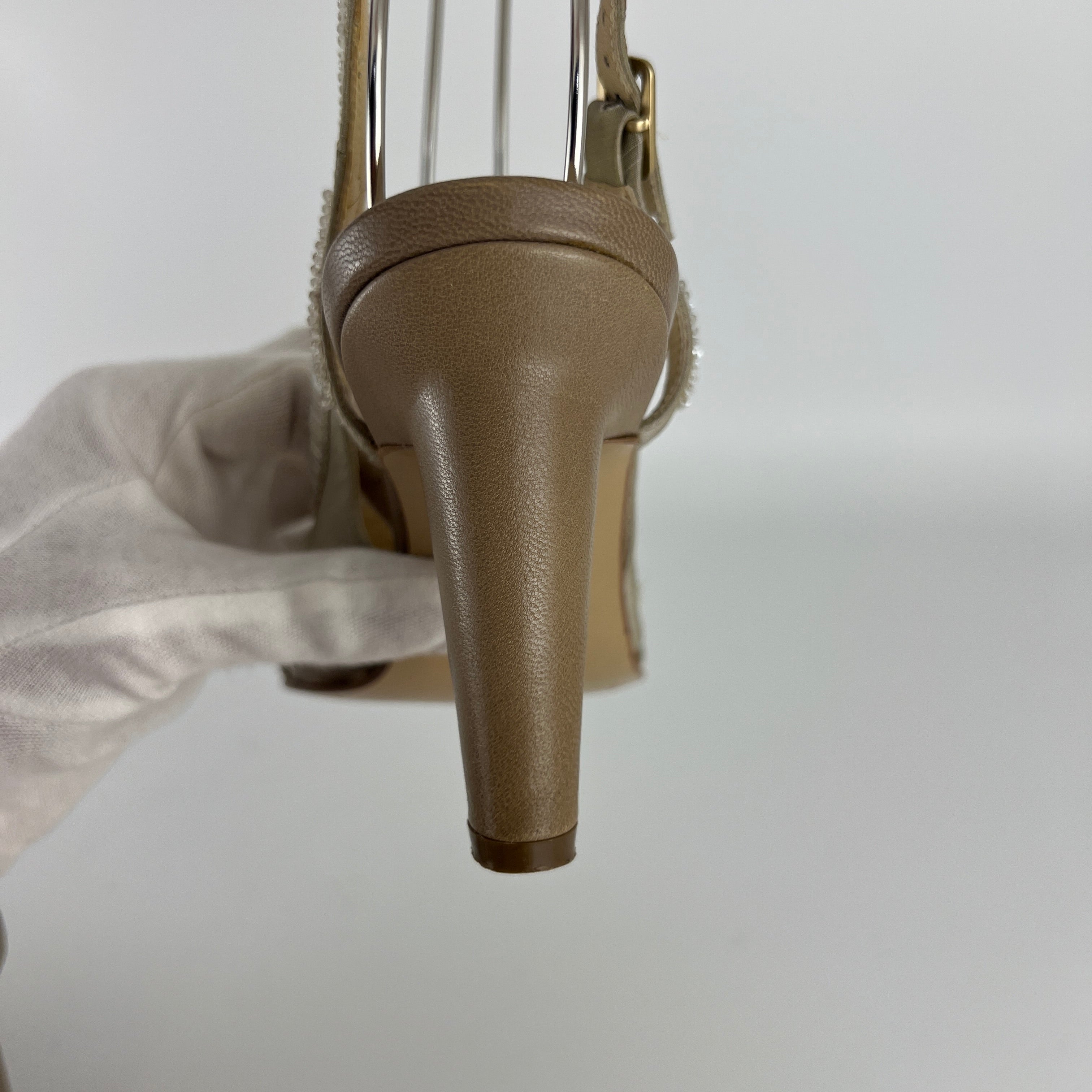 Bottega Veneta | Vintage Champagne Beaded Satin Leather Slingback Heels (34.5)