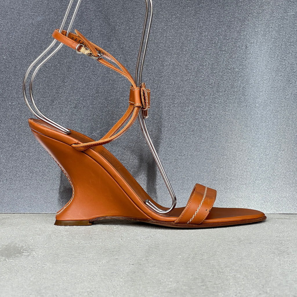 Ferragamo | Tan Leather Logo Plate Sculpted Wedge Heels (8.5 . 38.5)