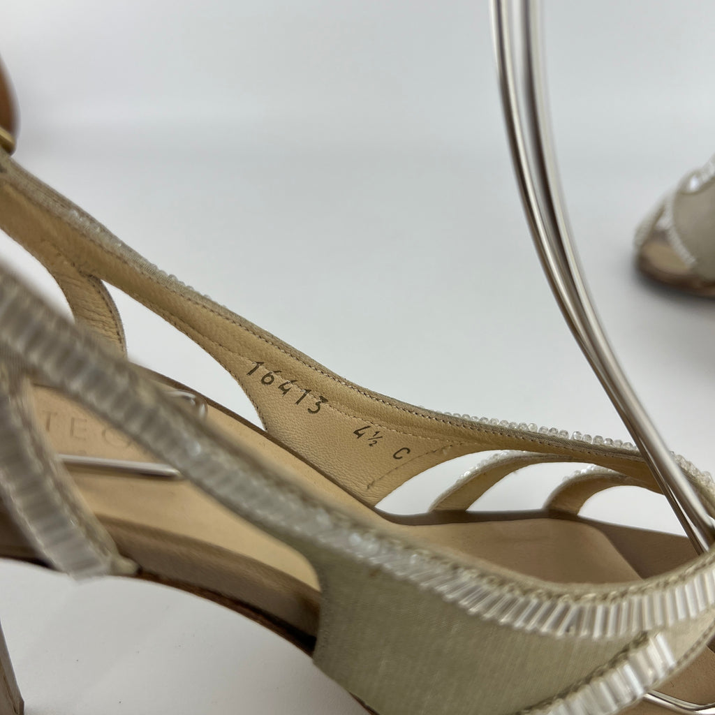Bottega Veneta | Vintage Champagne Beaded Satin Leather Slingback Heels (34.5)