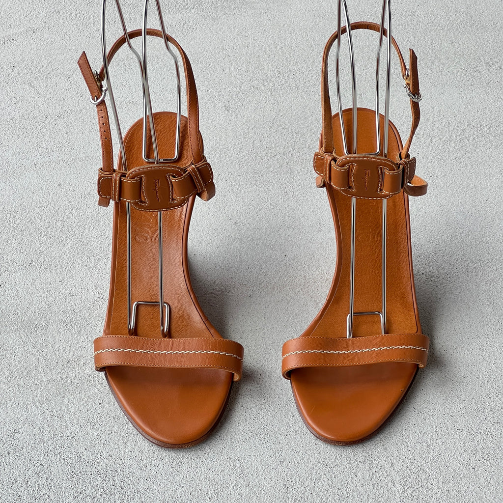Ferragamo | Tan Leather Logo Plate Sculpted Wedge Heels (8.5 . 38.5)