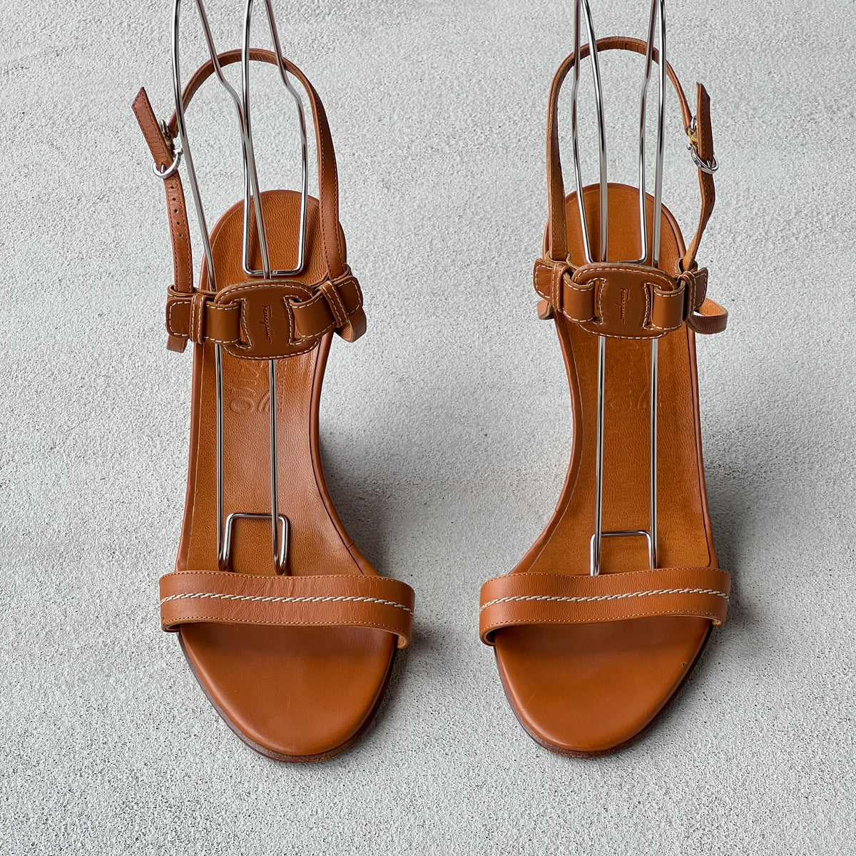 Ferragamo | Tan Leather Logo Plate Sculpted Wedge Heels (8.5 . 38.5)