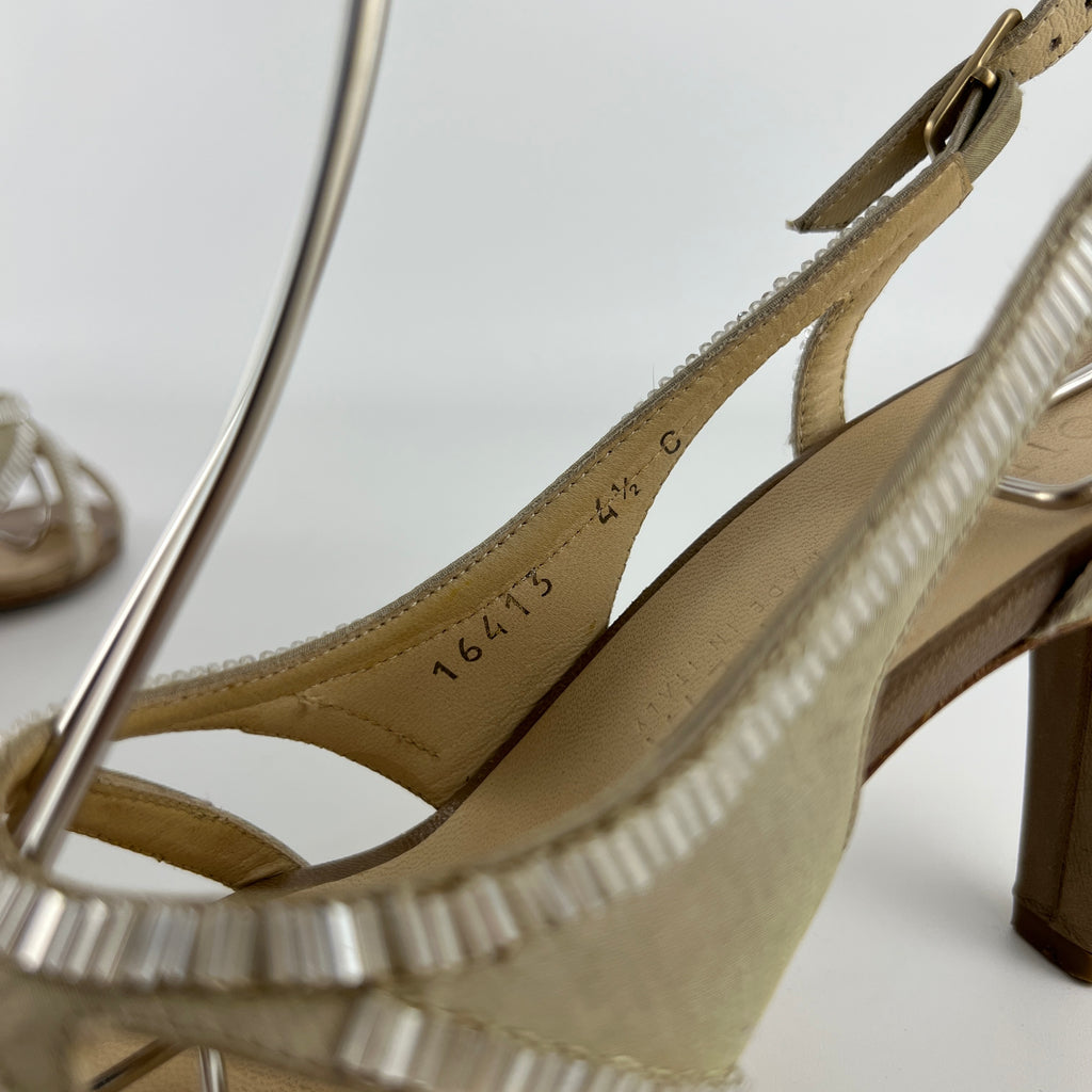 Bottega Veneta | Vintage Champagne Beaded Satin Leather Slingback Heels (34.5)