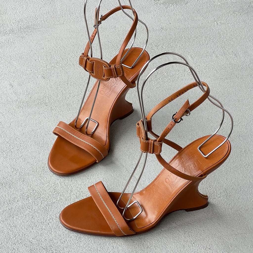 Ferragamo | Tan Leather Logo Plate Sculpted Wedge Heels (8.5 . 38.5)