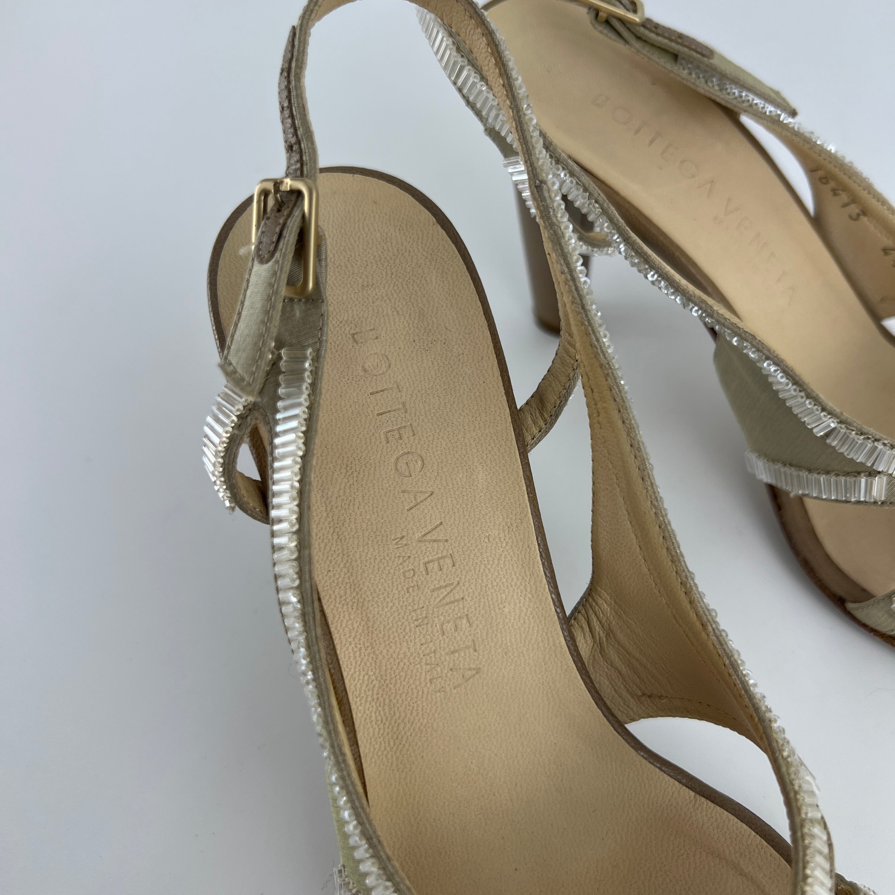Bottega Veneta | Vintage Champagne Beaded Satin Leather Slingback Heels (34.5)