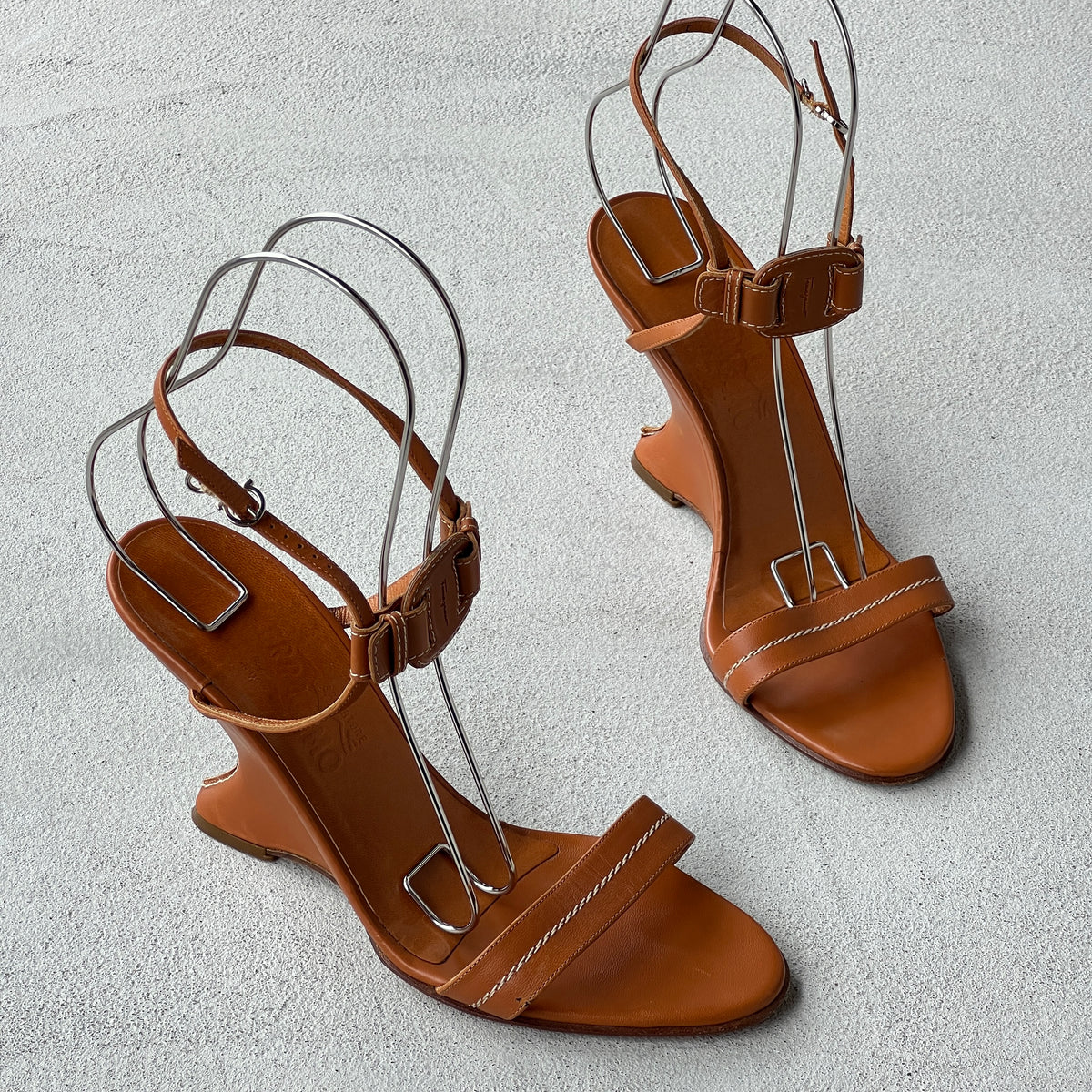 Ferragamo | Tan Leather Logo Plate Sculpted Wedge Heels (8.5 . 38.5)