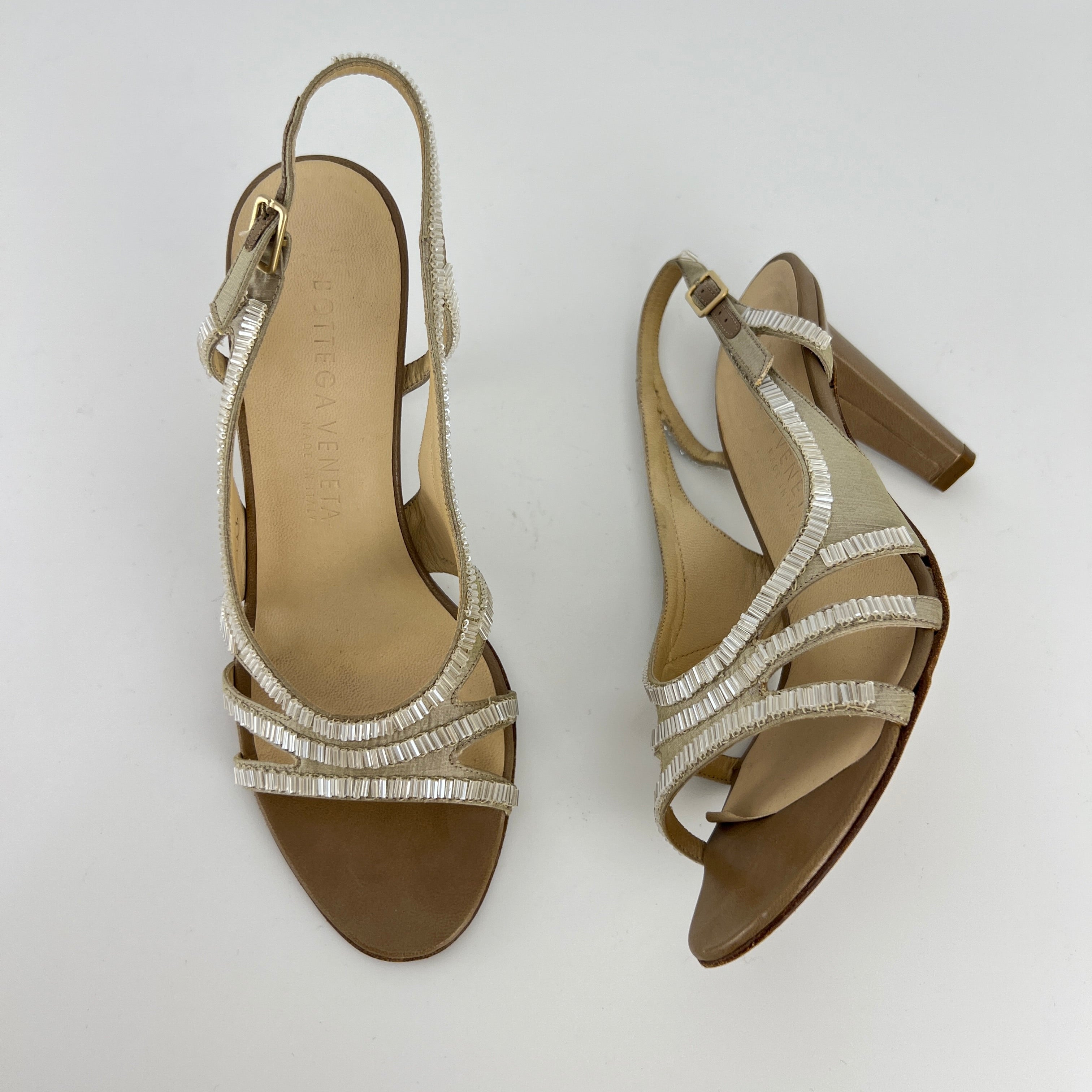Bottega Veneta | Vintage Champagne Beaded Satin Leather Slingback Heels (34.5)