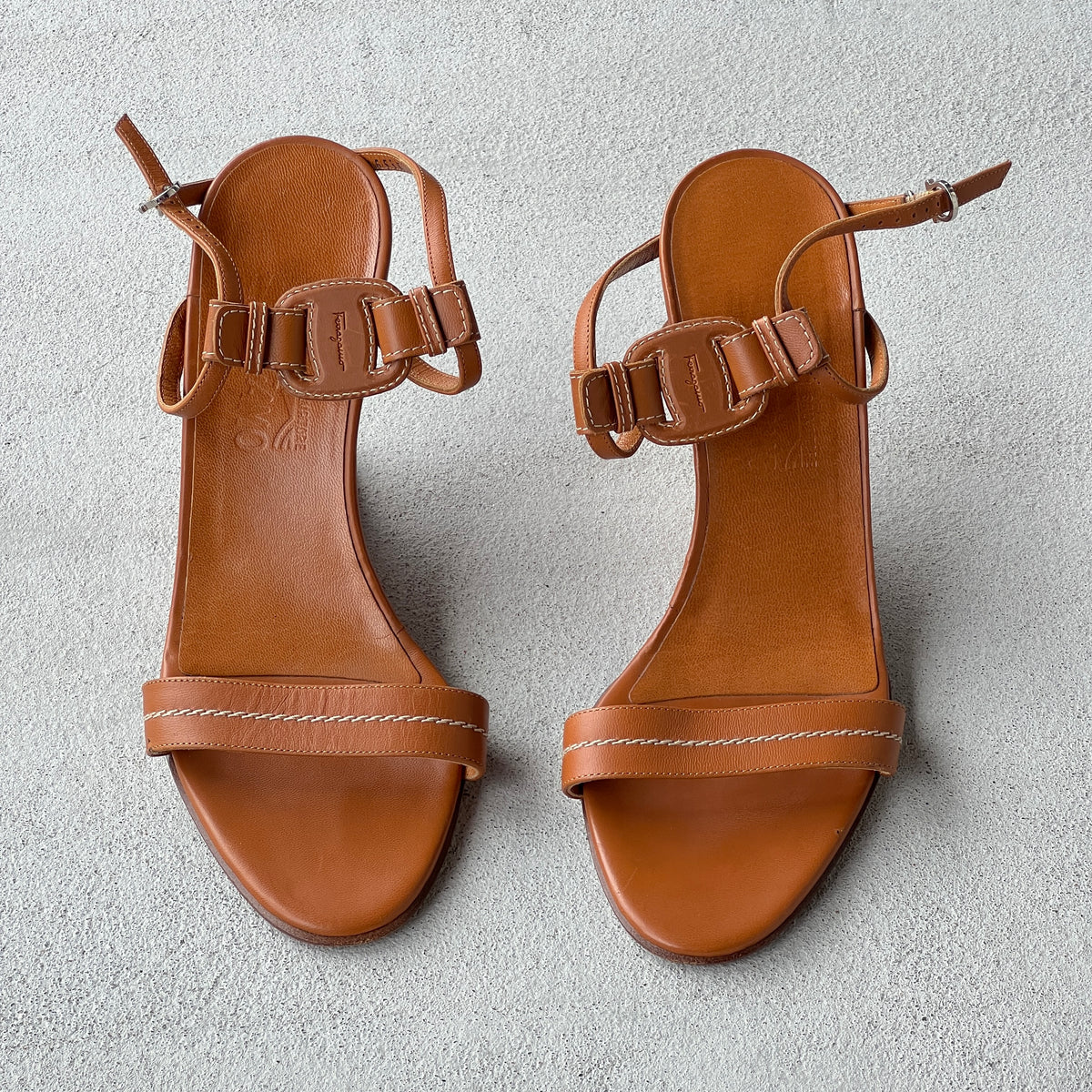 Ferragamo | Tan Leather Logo Plate Sculpted Wedge Heels (8.5 . 38.5)