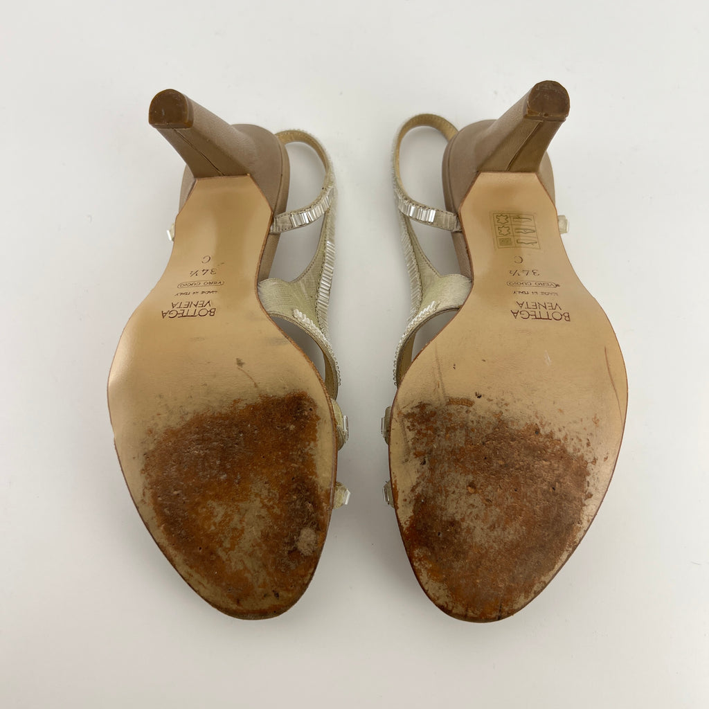 Bottega Veneta | Vintage Champagne Beaded Satin Leather Slingback Heels (34.5)