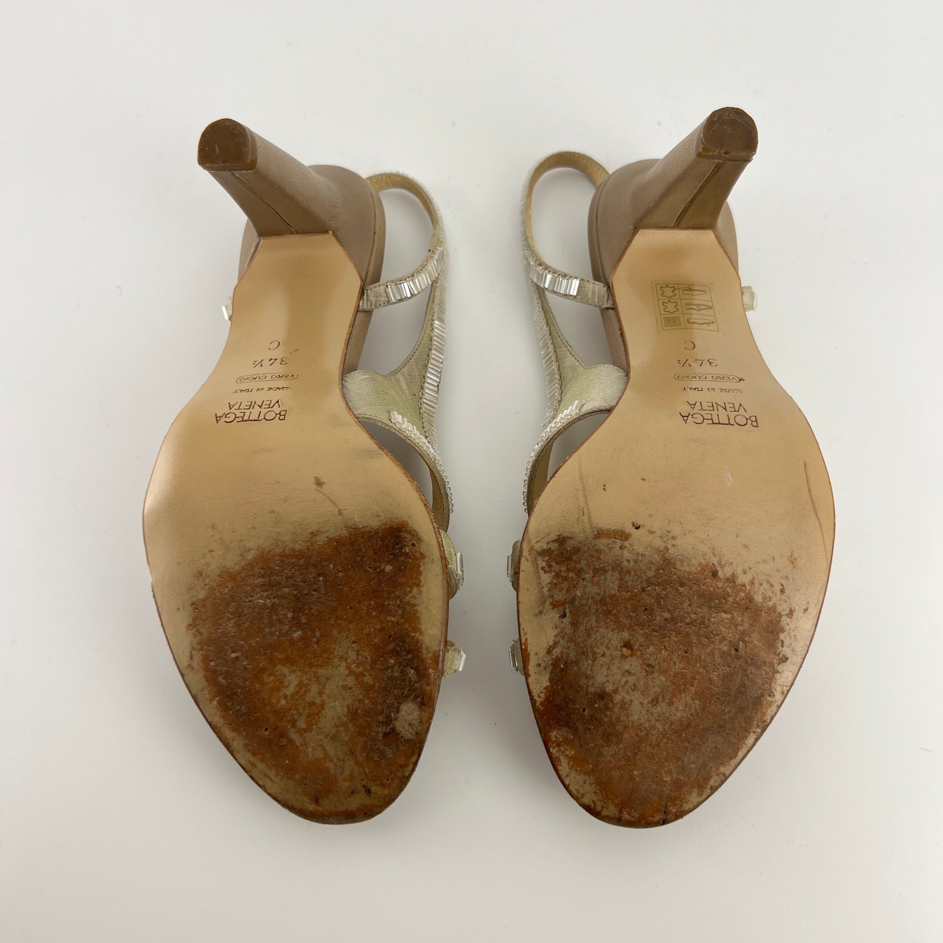 Bottega Veneta | Vintage Champagne Beaded Satin Leather Slingback Heels (34.5)