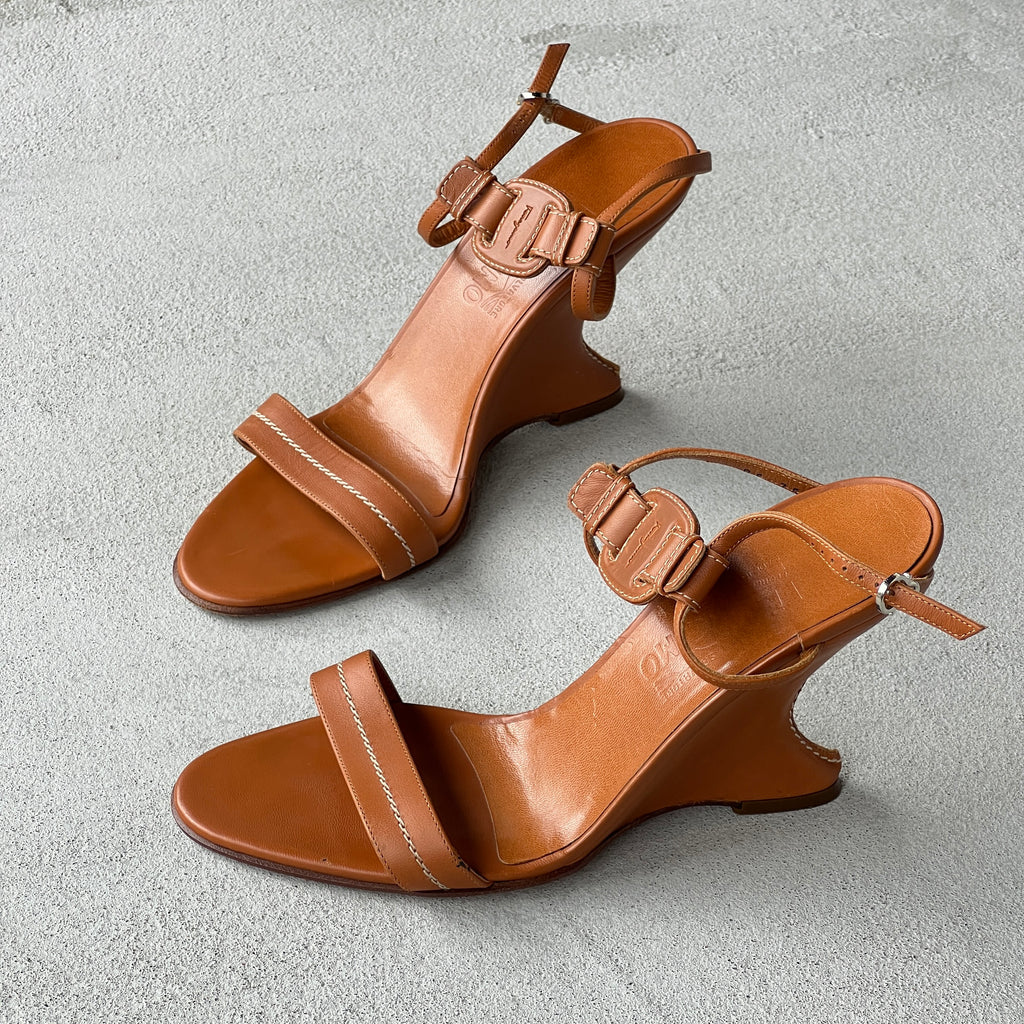 Ferragamo | Tan Leather Logo Plate Sculpted Wedge Heels (8.5 . 38.5)