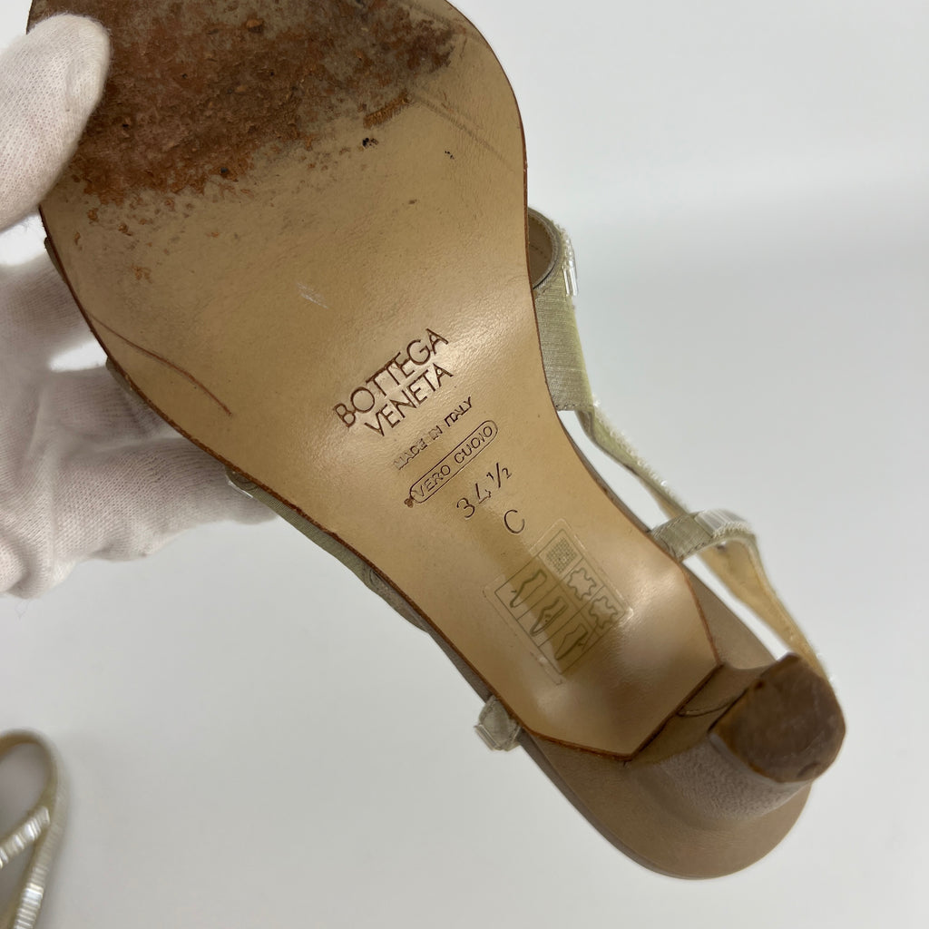 Bottega Veneta | Vintage Champagne Beaded Satin Leather Slingback Heels (34.5)