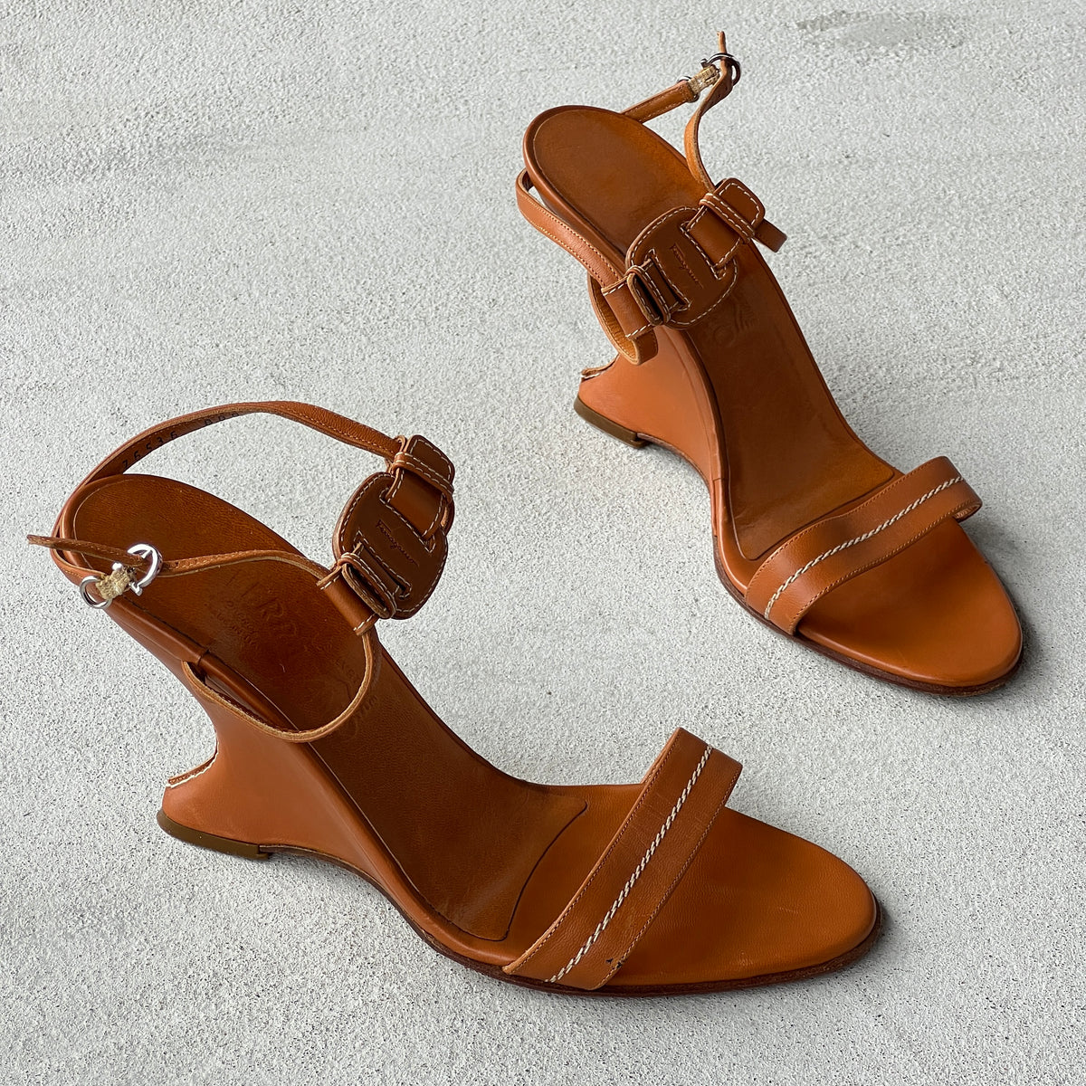 Ferragamo | Tan Leather Logo Plate Sculpted Wedge Heels (8.5 . 38.5)