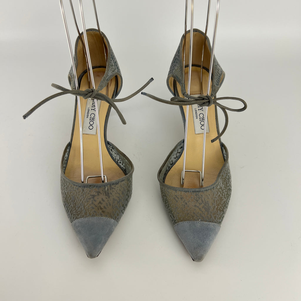 Jimmy Choo | Blue Grey Mesh Leather Ribbon Kitten Heel Pumps (38.5)