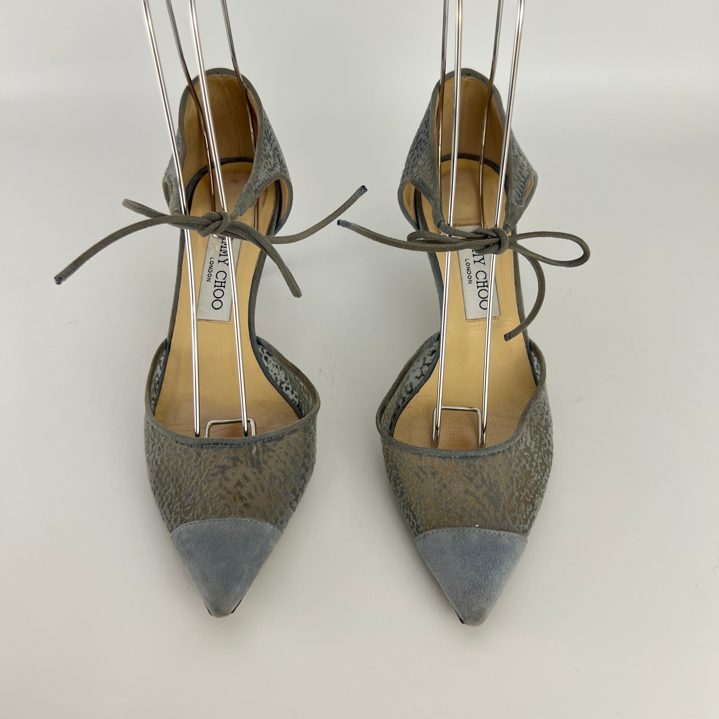Jimmy Choo | Blue Grey Mesh Leather Ribbon Kitten Heel Pumps (38.5)