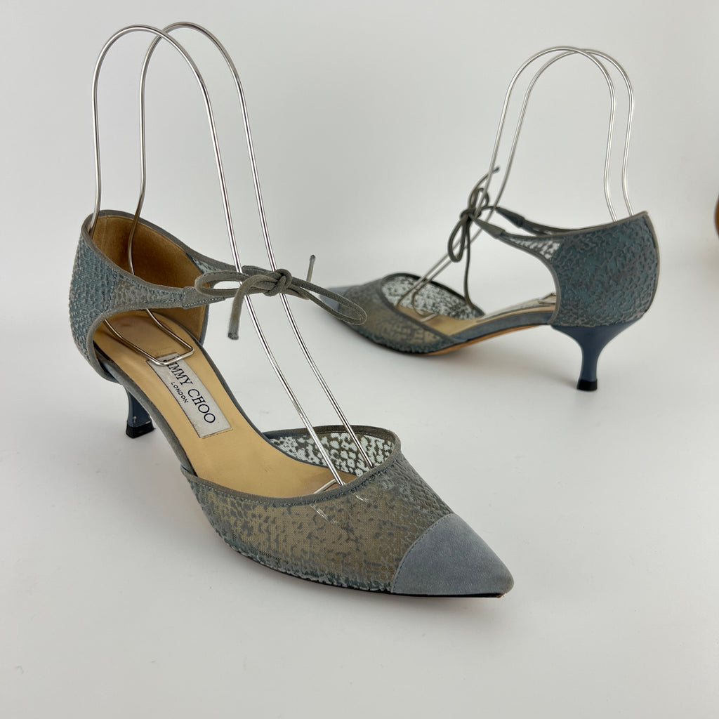 Jimmy Choo | Blue Grey Mesh Leather Ribbon Kitten Heel Pumps (38.5)