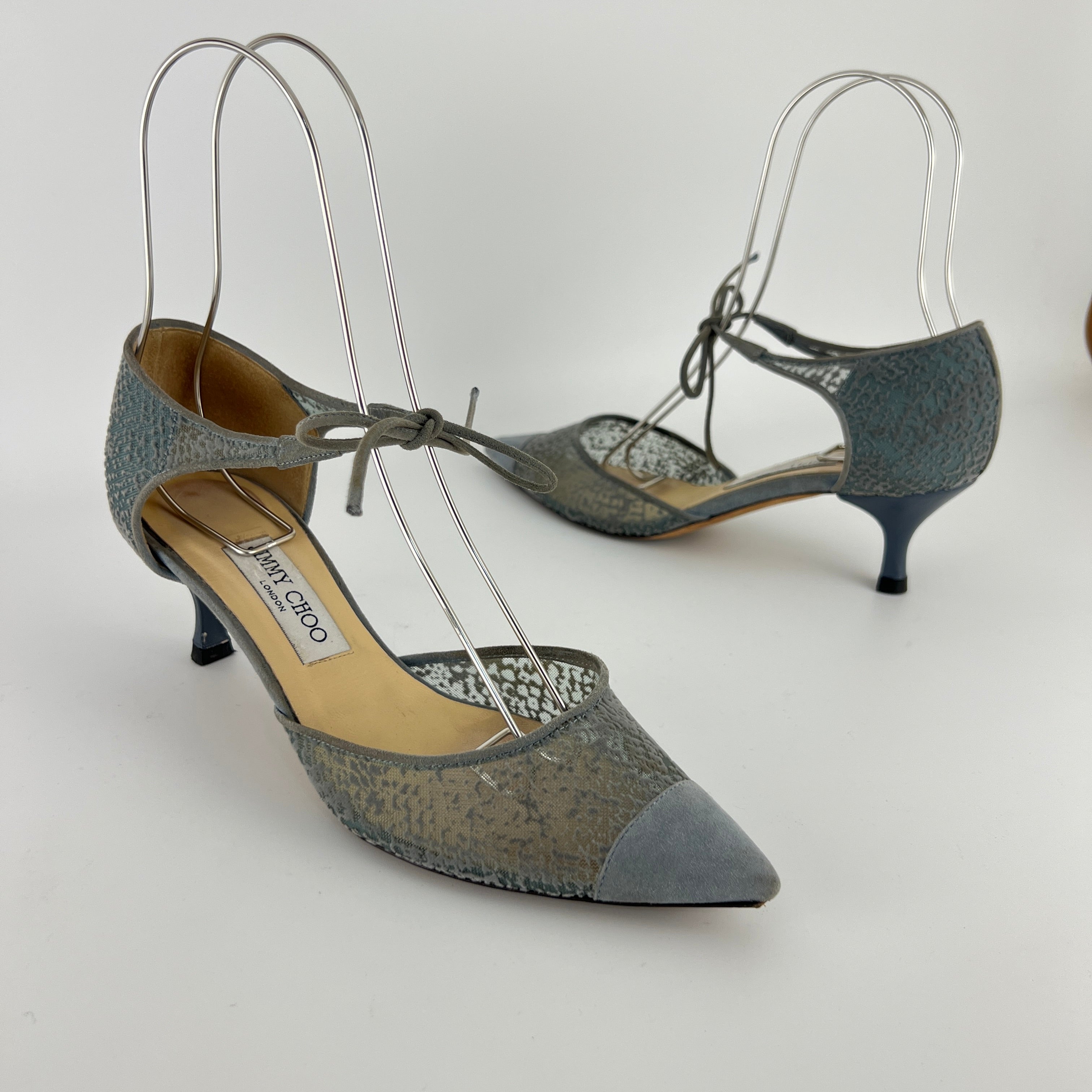 Jimmy Choo | Blue Grey Mesh Leather Ribbon Kitten Heel Pumps (38.5)