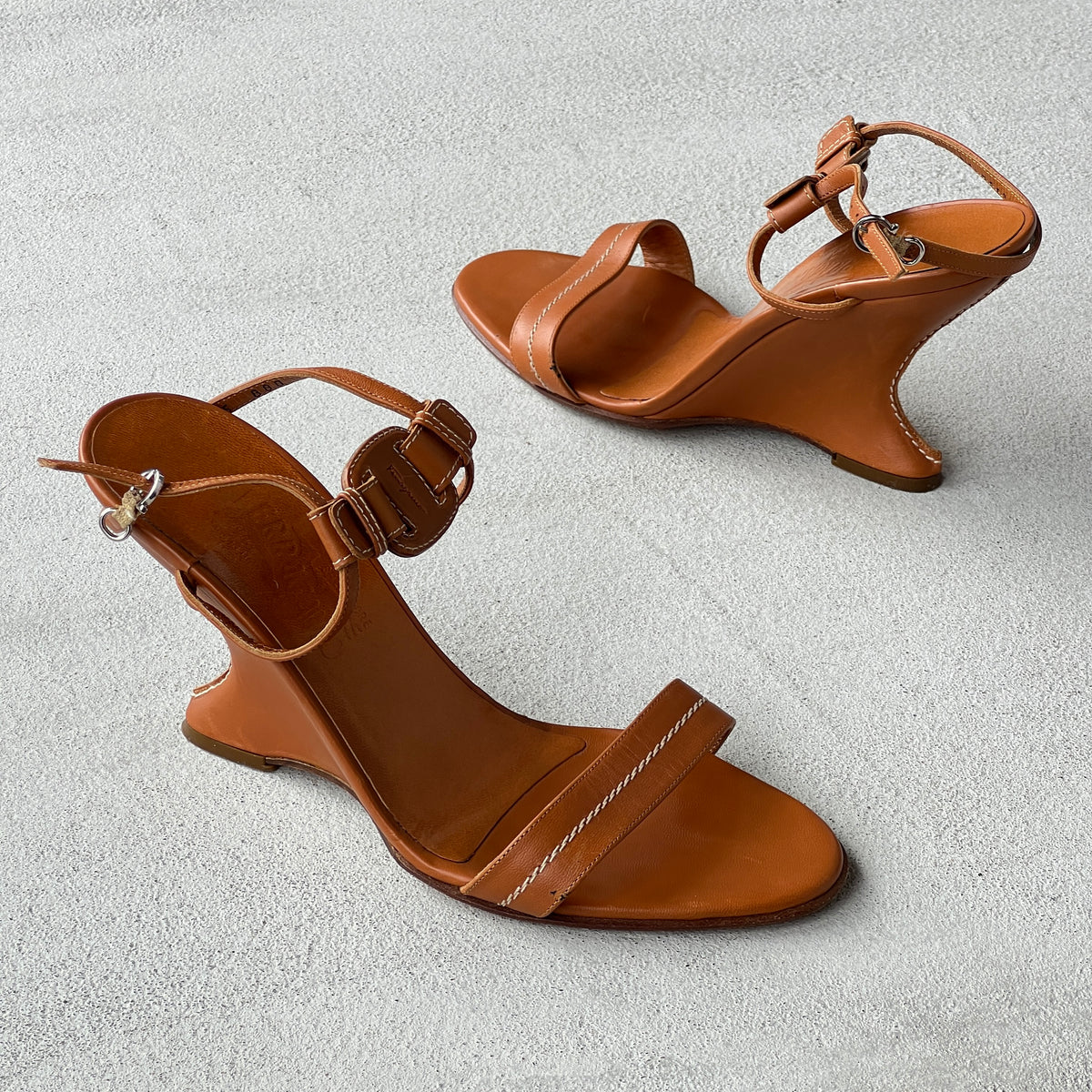 Ferragamo | Tan Leather Logo Plate Sculpted Wedge Heels (8.5 . 38.5)