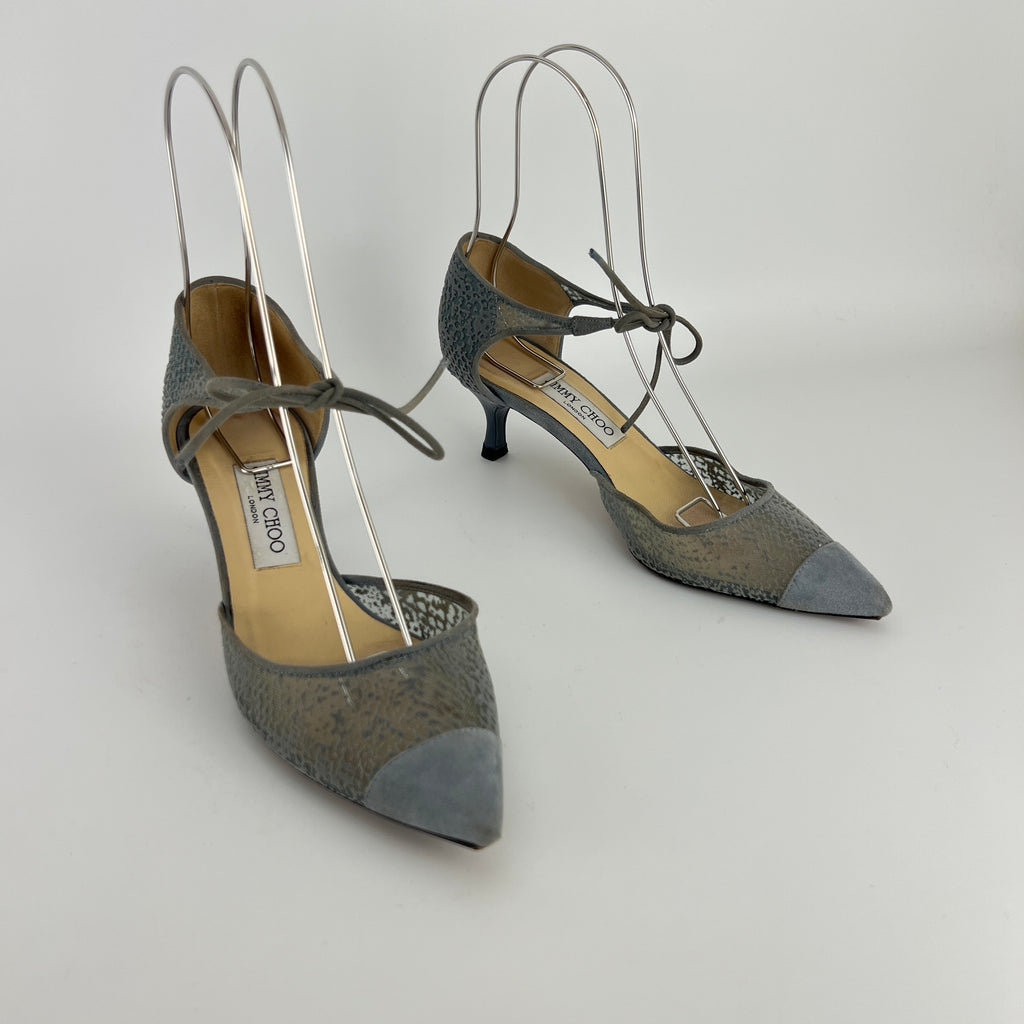 Jimmy Choo | Blue Grey Mesh Leather Ribbon Kitten Heel Pumps (38.5)