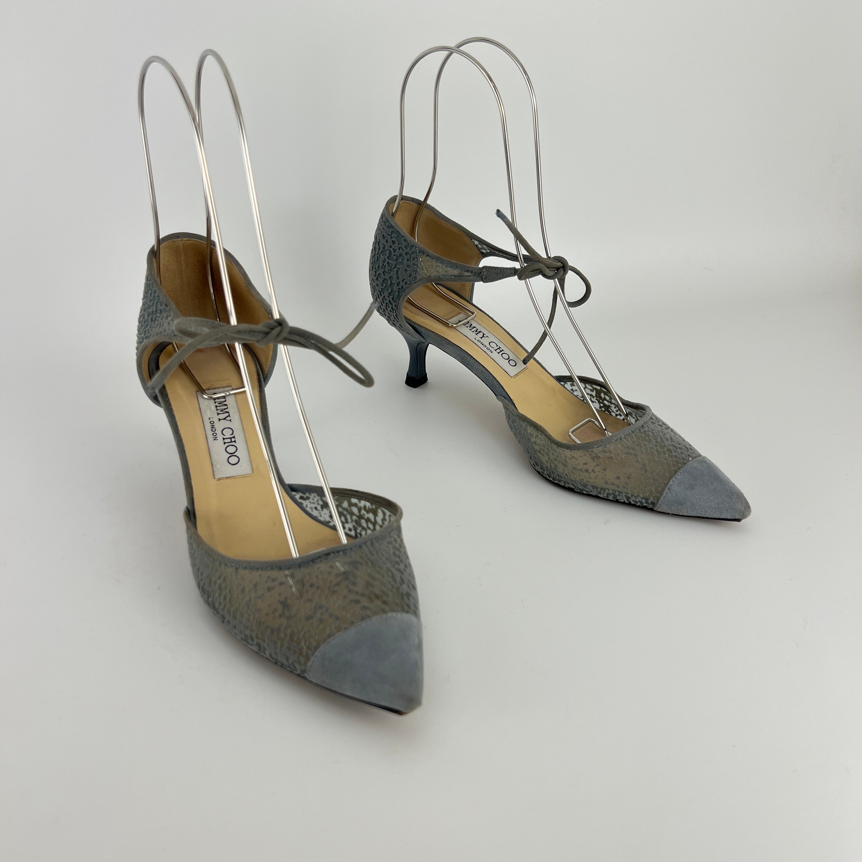 Jimmy Choo | Blue Grey Mesh Leather Ribbon Kitten Heel Pumps (38.5)