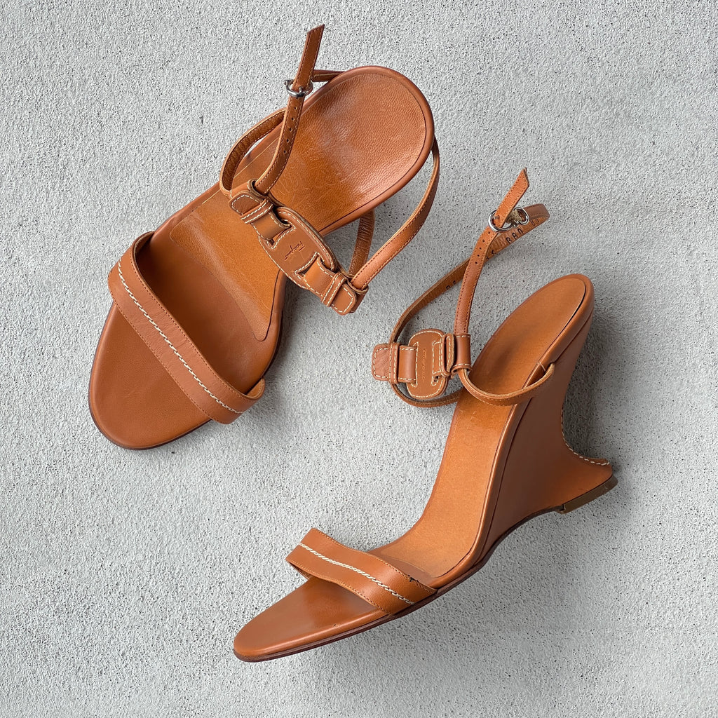 Ferragamo | Tan Leather Logo Plate Sculpted Wedge Heels (8.5 . 38.5)