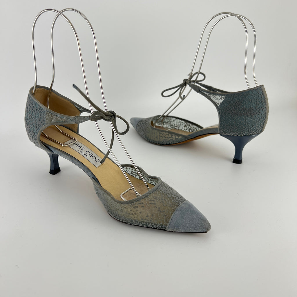 Jimmy Choo | Blue Grey Mesh Leather Ribbon Kitten Heel Pumps (38.5)