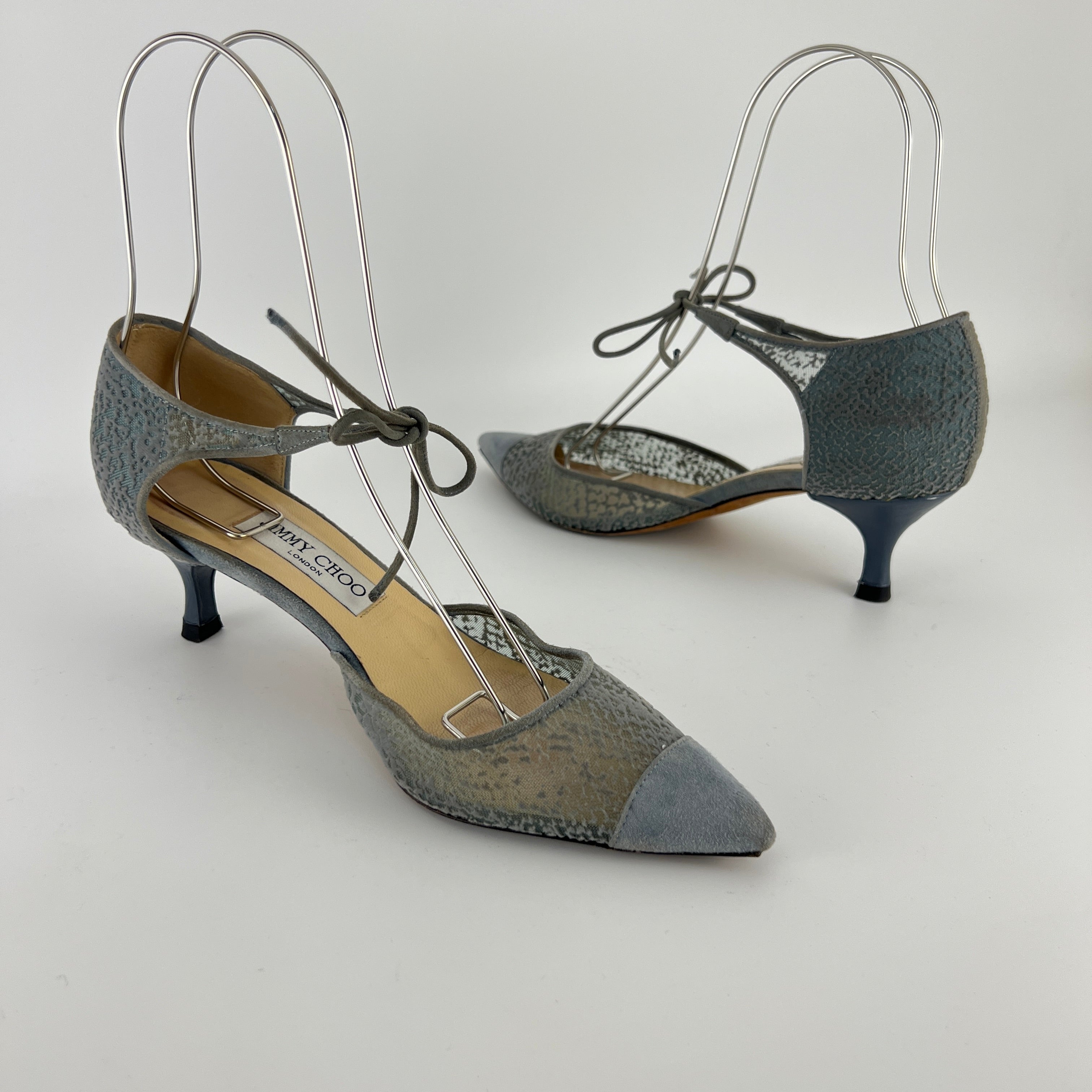Jimmy Choo | Blue Grey Mesh Leather Ribbon Kitten Heel Pumps (38.5)