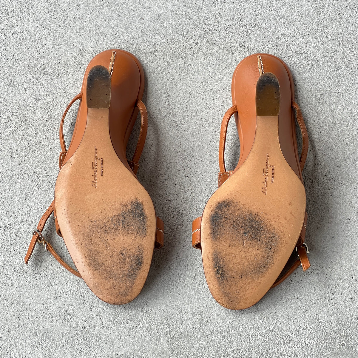Ferragamo | Tan Leather Logo Plate Sculpted Wedge Heels (8.5 . 38.5)