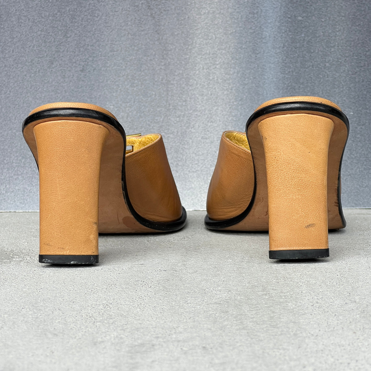Fendi | Vintage FF Gold Silver Buckle Tan Leather Slide Mules (36.5)