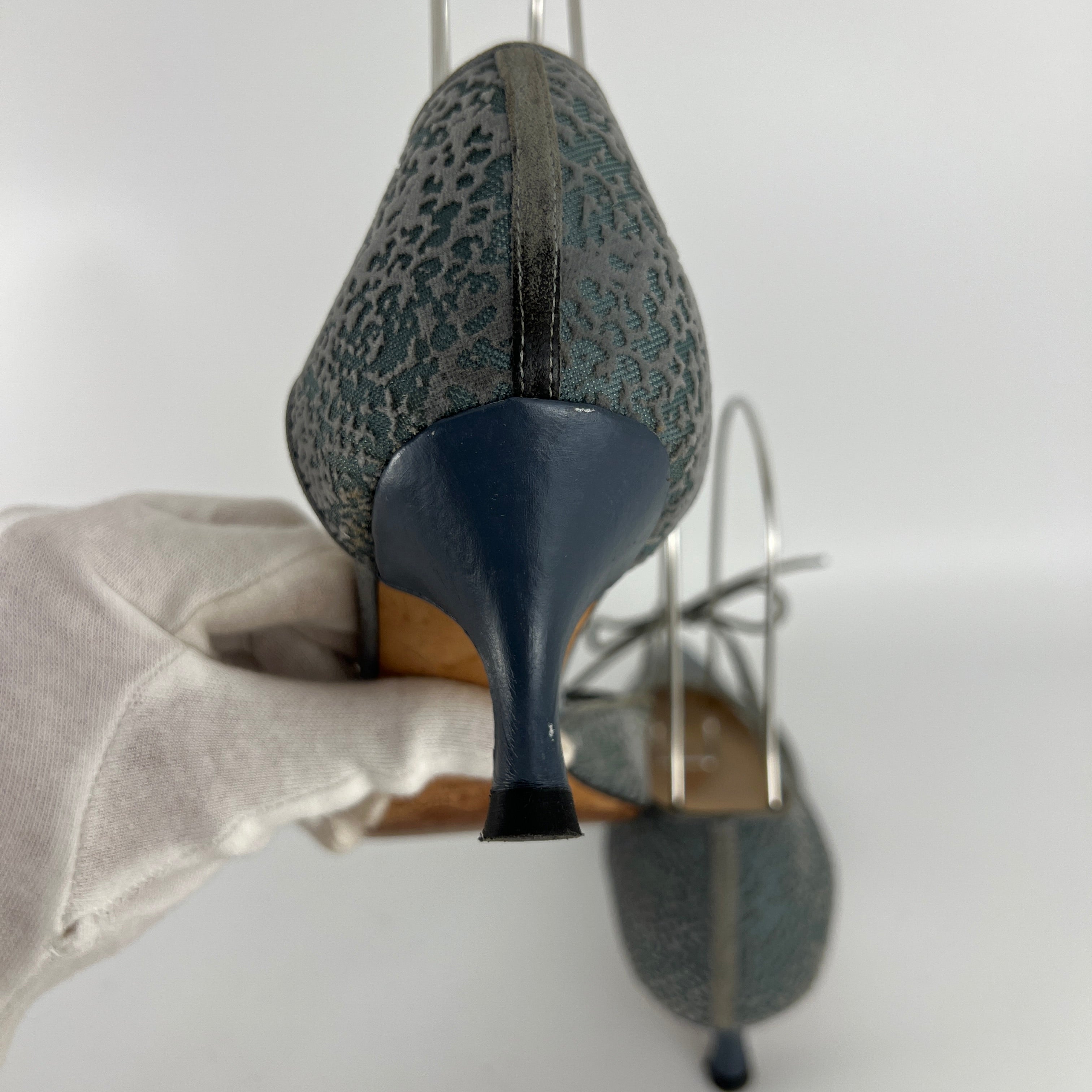Jimmy Choo | Blue Grey Mesh Leather Ribbon Kitten Heel Pumps (38.5)