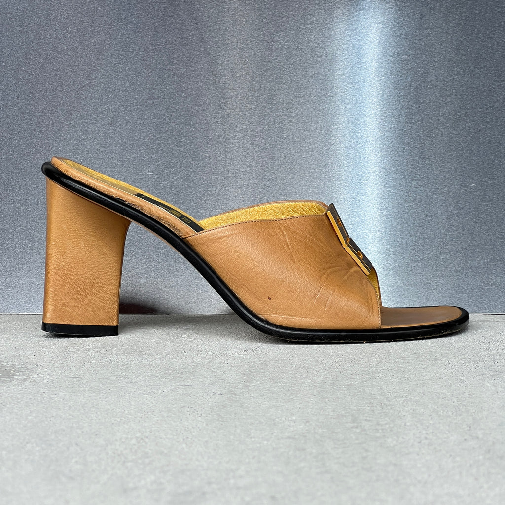 Fendi | Vintage FF Gold Silver Buckle Tan Leather Slide Mules (36.5)